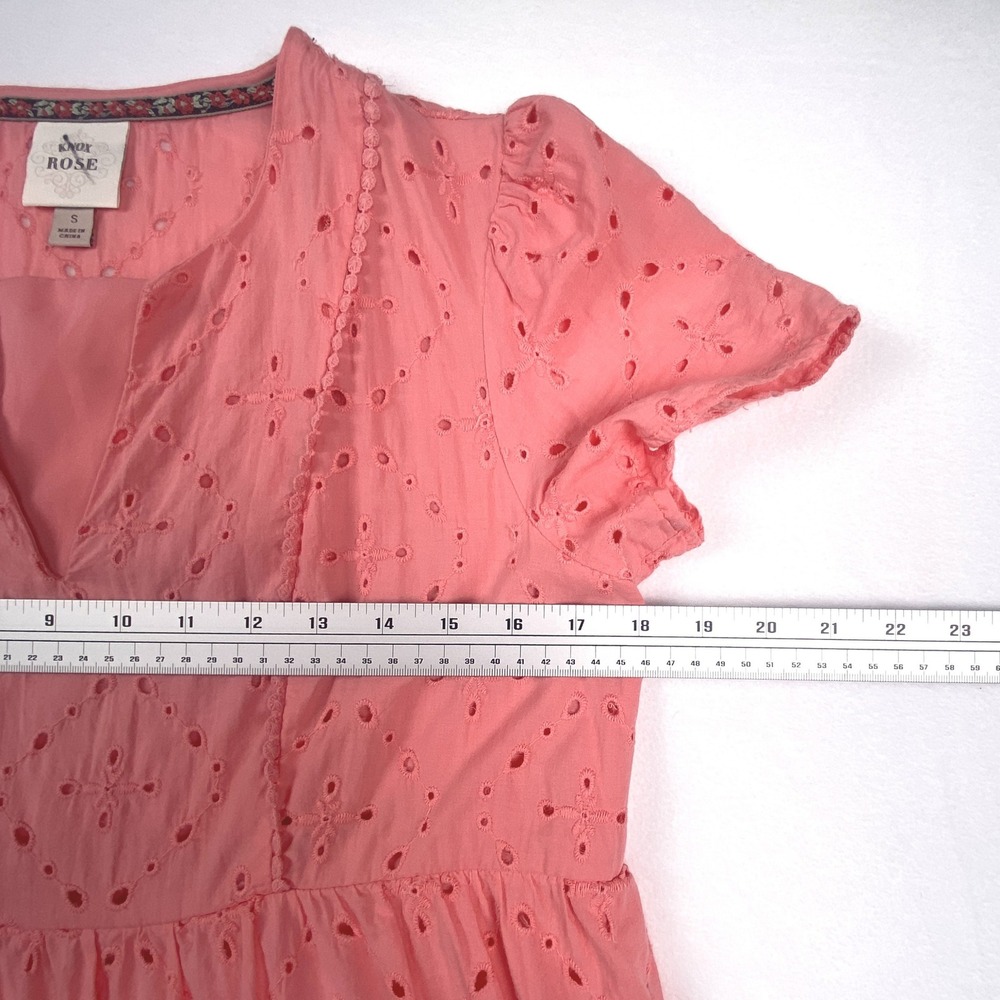 Knox Rose Womens Coral Pink Eyelet Tiered Mini Dress Short Sleeve Size S - Picture 6 of 7